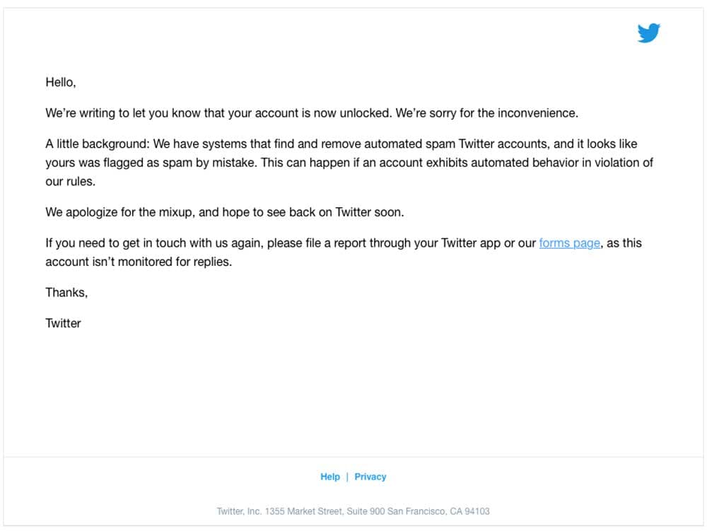 Twitter Locked account Appeal response