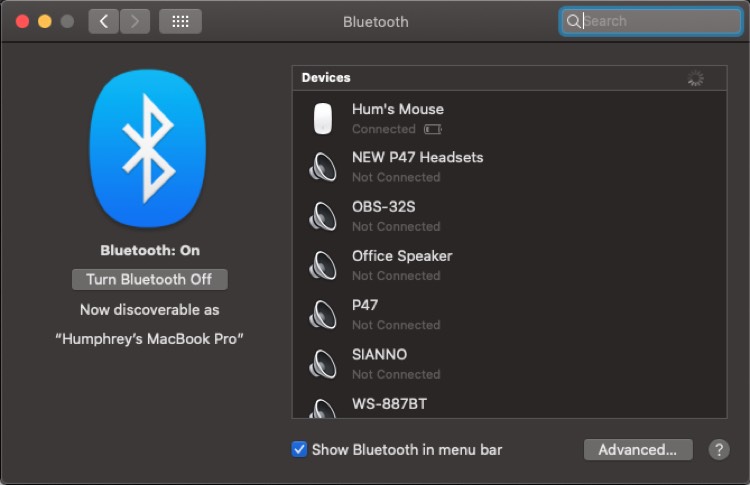 macOS Bluetooth Window with how to connect devices